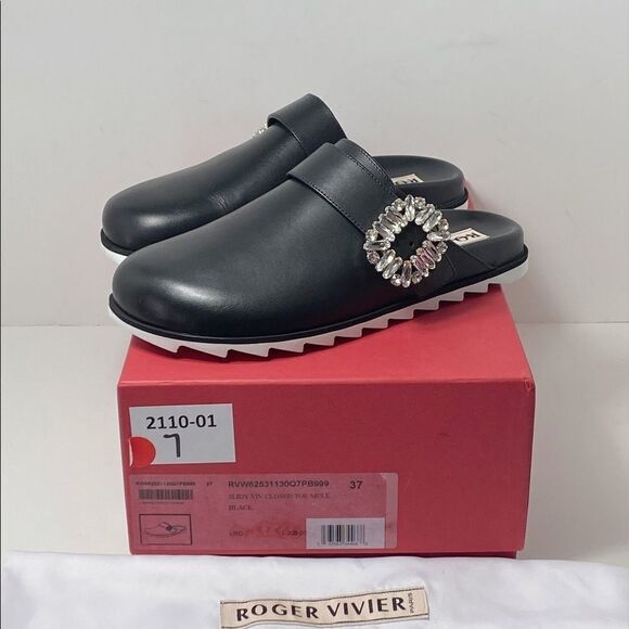 Roger Vivier Slidy Crystal-buckled Leather Backless Loafers size 37 - Picture 12 of 14